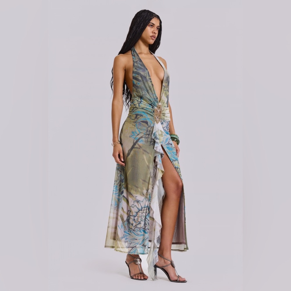 Jaded London Backless Floral Plunge Dress in Green and Blue